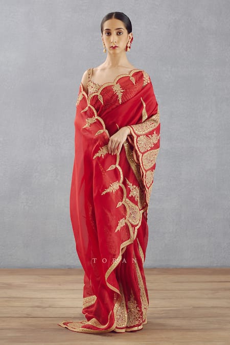 Shop_Torani_Red Silk Organza Dori, Adda Sindoori Geetika Saree _at_Aza_Fashions