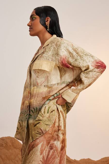 Shop_Cord_Beige Linen Embroidery Collared Botanical Print Shirt And Pant Set_Online_at_Aza_Fashions