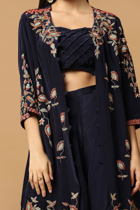 Buy_Two Sisters By Gyans_Blue Crepe Embroidery Sweetheart Neck Floral Cape And Draped Skirt Set 