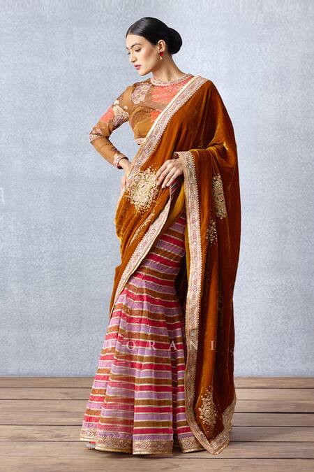 Torani_Yellow Velvet, Crepe And Butterfly Net Digital Aftaabi Darshini Blouse _Online_at_Aza_Fashions