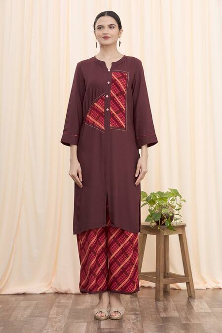 Buy_Aryavir Malhotra_Maroon Rayon Patchwork Kurta And Printed Pant Set_Online_at_Aza_Fashions