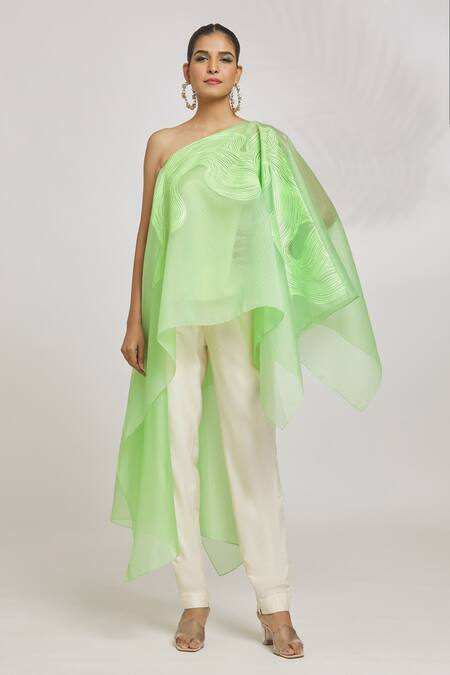 Amit Aggarwal_Green Organza Asymmetric One Shoulder Kaftan Top_at_Aza_Fashions