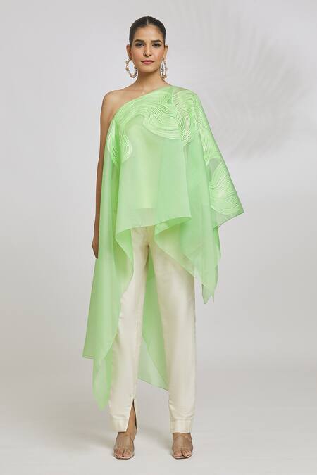 Amit Aggarwal_Green Organza Asymmetric One Shoulder Kaftan Top_Online_at_Aza_Fashions