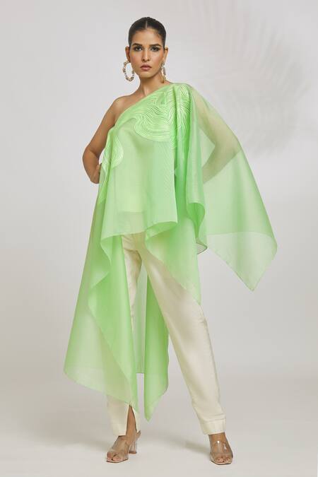 Buy_Amit Aggarwal_Green Organza Asymmetric One Shoulder Kaftan Top_Online_at_Aza_Fashions