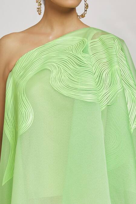 Shop_Amit Aggarwal_Green Organza Asymmetric One Shoulder Kaftan Top_Online_at_Aza_Fashions