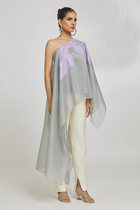 Amit Aggarwal Grey Organza Asymmetric Stripe Pattern Kaftan Top Online at Aza Fashions Amit Aggarwal_Grey Organza Asymmetric Stripe Pattern Kaftan Top_Online_at_Aza_Fashions