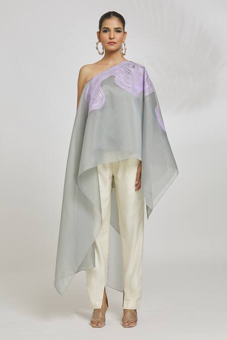 Buy Amit Aggarwal Grey Organza Asymmetric Stripe Pattern Kaftan Top Online at Aza Fashions Buy_Amit Aggarwal_Grey Organza Asymmetric Stripe Pattern Kaftan Top_Online_at_Aza_Fashions