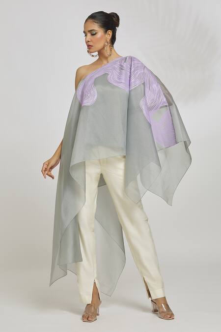 Shop Amit Aggarwal Grey Organza Asymmetric Stripe Pattern Kaftan Top Online at Aza Fashions Shop_Amit Aggarwal_Grey Organza Asymmetric Stripe Pattern Kaftan Top_Online_at_Aza_Fashions