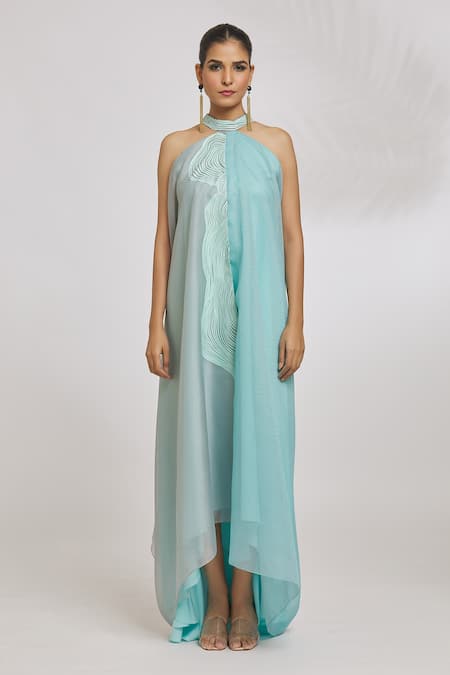 Amit Aggarwal_Grey Organza Striper Halter Neck Asymmetric Dress _at_Aza_Fashions