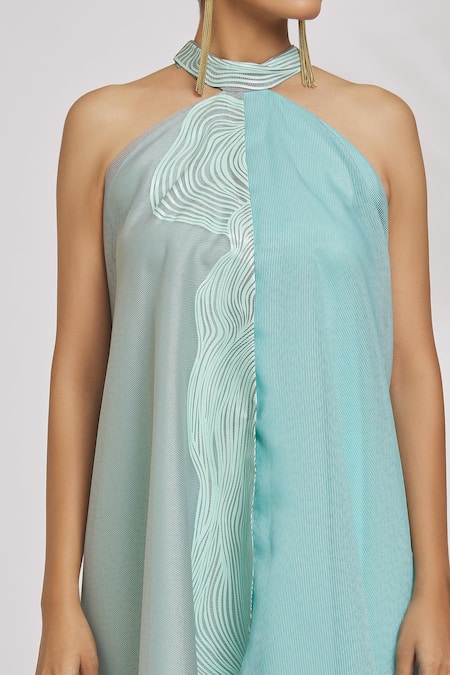 Amit Aggarwal_Grey Organza Striper Halter Neck Asymmetric Dress _Online_at_Aza_Fashions