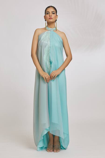 Buy_Amit Aggarwal_Grey Organza Striper Halter Neck Asymmetric Dress _Online_at_Aza_Fashions