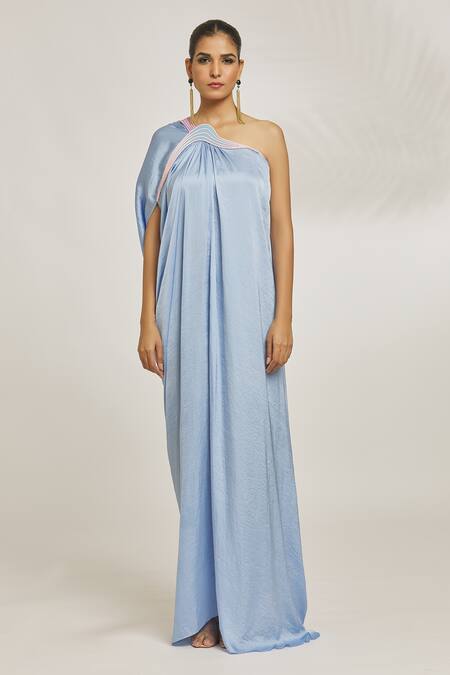 Shop_Amit Aggarwal_Blue Hammered Satin Embroidery Cord One Shoulder Draped Gown 