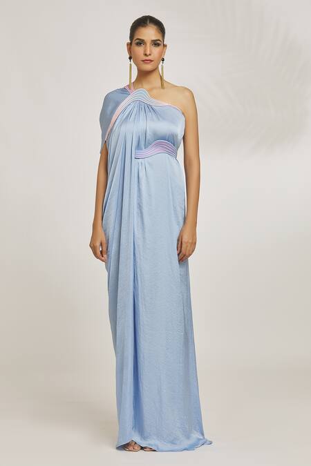 Amit Aggarwal_Blue Hammered Satin Embroidery Cord One Shoulder Draped Gown _Online_at_Aza_Fashions