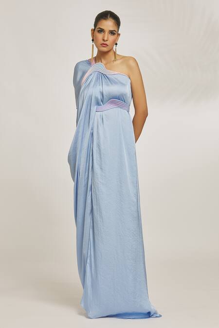 Shop_Amit Aggarwal_Blue Hammered Satin Embroidery Cord One Shoulder Draped Gown _Online_at_Aza_Fashions