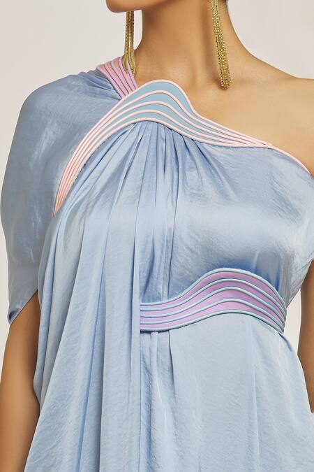 Amit Aggarwal_Blue Hammered Satin Embroidery Cord One Shoulder Draped Gown _at_Aza_Fashions