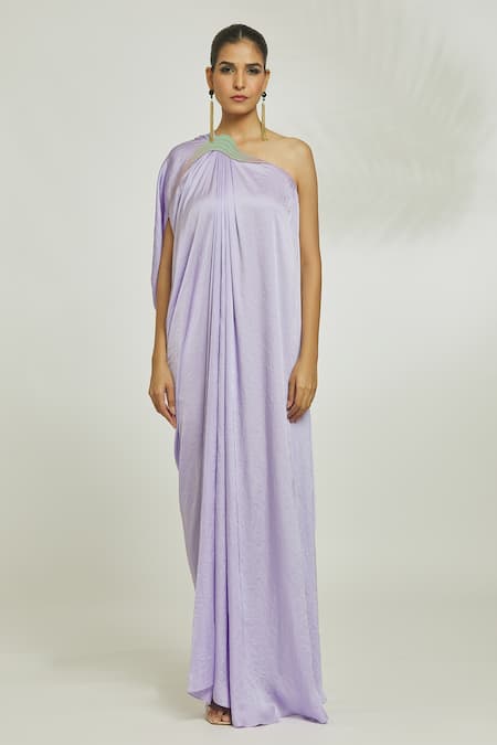 Buy_Amit Aggarwal_Purple Silk Bows Asymmetric Neckline Embroidered Draped Gown With Belt 
