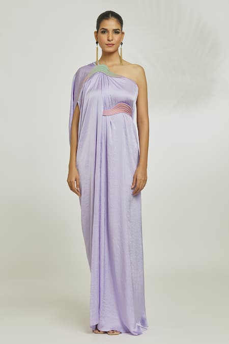 Amit Aggarwal_Purple Silk Bows Asymmetric Neckline Embroidered Draped Gown With Belt _Online_at_Aza_Fashions