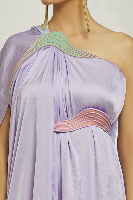 Amit Aggarwal_Purple Silk Bows Asymmetric Neckline Embroidered Draped Gown With Belt _at_Aza_Fashions