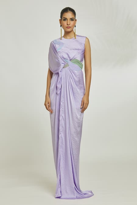 Amit Aggarwal_Purple Satin Embroidery Round Neck Asymmetric Knotted Draped Gown _at_Aza_Fashions