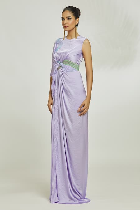 Amit Aggarwal_Purple Satin Embroidery Round Neck Asymmetric Knotted Draped Gown _Online_at_Aza_Fashions