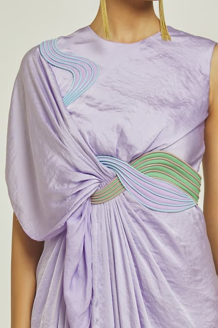 Shop_Amit Aggarwal_Purple Satin Embroidery Round Neck Asymmetric Knotted Draped Gown _Online_at_Aza_Fashions