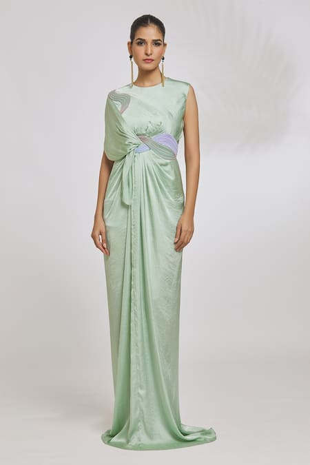 Amit Aggarwal_Green Hammered Satin Embroidery Cord Round Knotted Draped Gown  _at_Aza_Fashions