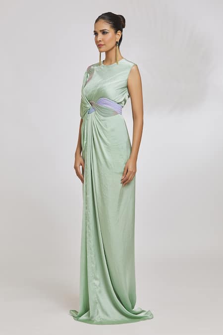 Amit Aggarwal_Green Hammered Satin Embroidery Cord Round Knotted Draped Gown  _Online_at_Aza_Fashions