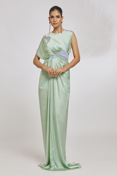 Buy_Amit Aggarwal_Green Hammered Satin Embroidery Cord Round Knotted Draped Gown  _Online_at_Aza_Fashions