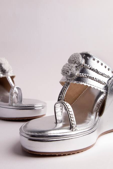 Buy Silver Metallic Kolhapuri Wedges by Tic Tac Toe Footwear