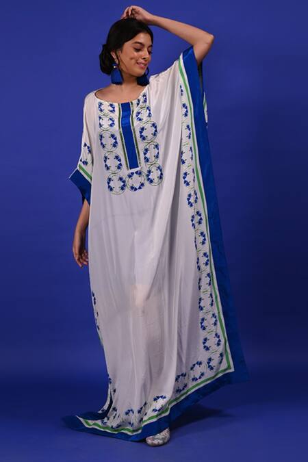 Rimi Nayak White Modal, Crepe Embroidery Round Neck Floral Print Kaftan Online at Aza Fashions Rimi Nayak_White Modal, Crepe Embroidery Round Neck Floral Print Kaftan _Online_at_Aza_Fashions