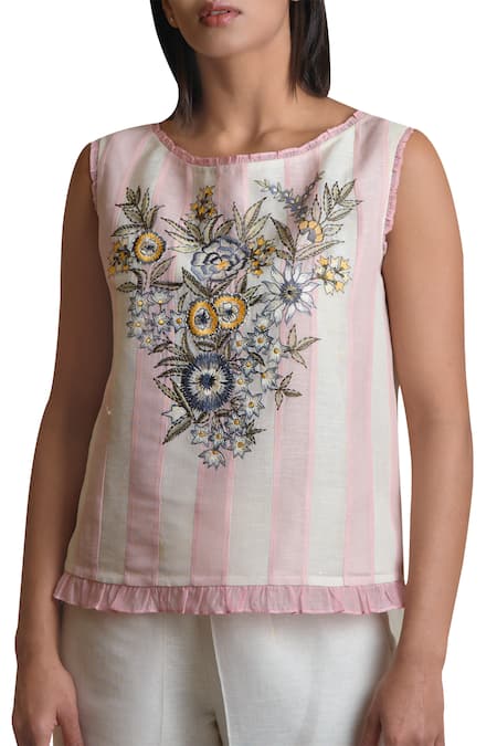 Sue Mue_Pink Linen Round Panel Top Pant Set _Online_at_Aza_Fashions