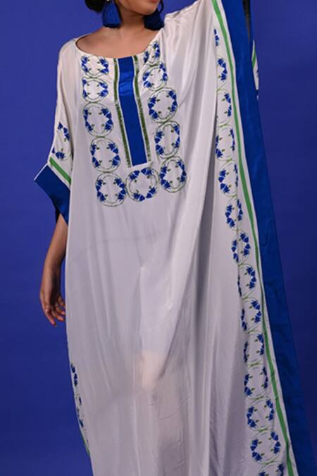 Shop Rimi Nayak White Modal, Crepe Embroidery Round Neck Floral Print Kaftan Online at Aza Fashions Shop_Rimi Nayak_White Modal, Crepe Embroidery Round Neck Floral Print Kaftan _Online_at_Aza_Fashions