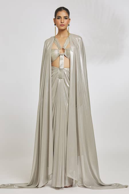 Amit Aggarwal_Gold Silk Cut Work V-neck Front Out Draped Gown _at_Aza_Fashions