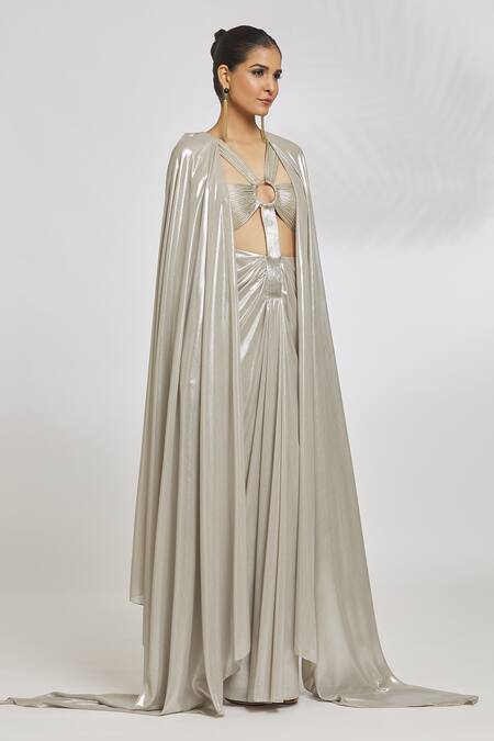 Amit Aggarwal_Gold Silk Cut Work V-neck Front Out Draped Gown _Online_at_Aza_Fashions