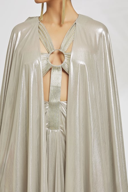 Buy_Amit Aggarwal_Gold Silk Cut Work V-neck Front Out Draped Gown _Online_at_Aza_Fashions