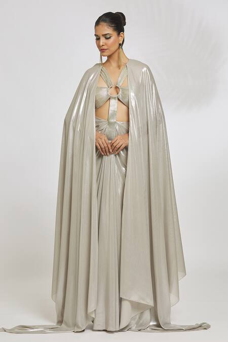 Shop_Amit Aggarwal_Gold Silk Cut Work V-neck Front Out Draped Gown _Online_at_Aza_Fashions