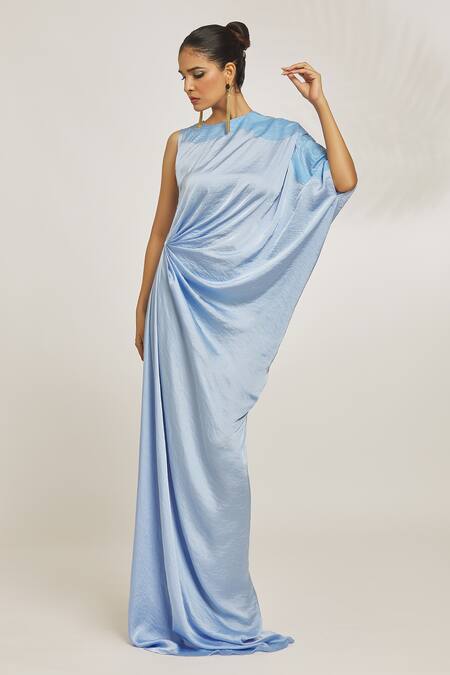 Amit Aggarwal_Blue Hammered Satin Embroidery Stripe Round Neckline Draped Dress _Online_at_Aza_Fashions