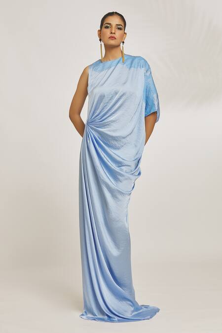 Buy_Amit Aggarwal_Blue Hammered Satin Embroidery Stripe Round Neckline Draped Dress _Online_at_Aza_Fashions