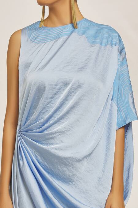 Shop_Amit Aggarwal_Blue Hammered Satin Embroidery Stripe Round Neckline Draped Dress _Online_at_Aza_Fashions