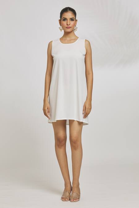 Amit Aggarwal_Ivory Organza Striper Embroidery Asymmetric Long Line Shirt Dress _at_Aza_Fashions