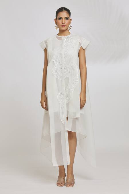 Amit Aggarwal_Ivory Organza Striper Embroidery Asymmetric Long Line Shirt Dress _Online_at_Aza_Fashions