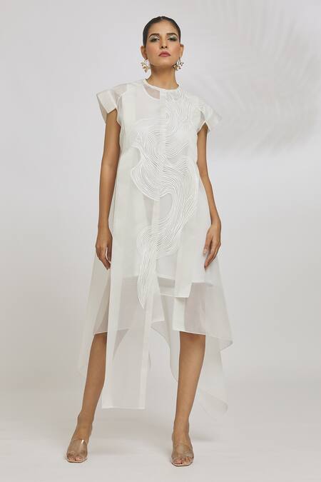 Buy_Amit Aggarwal_Ivory Organza Striper Embroidery Asymmetric Long Line Shirt Dress _Online_at_Aza_Fashions
