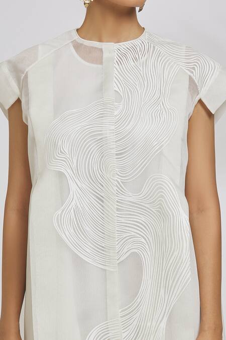 Shop_Amit Aggarwal_Ivory Organza Striper Embroidery Asymmetric Long Line Shirt Dress _Online_at_Aza_Fashions
