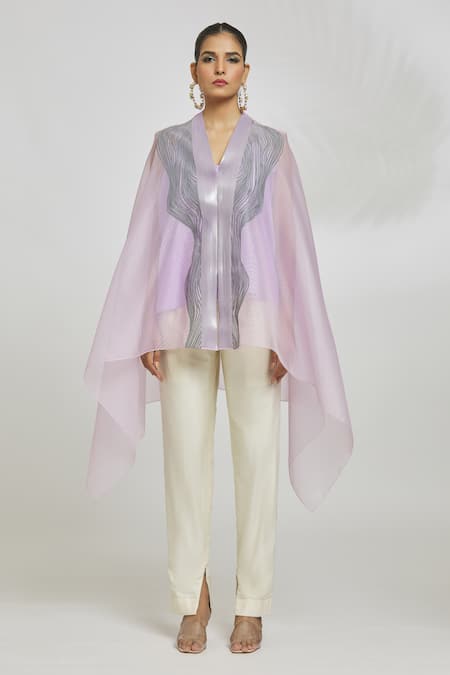 Amit Aggarwal Purple Organza Embroidery V-neck Metallic Wave Pattern Draped Cape Top at Aza Fashions Amit Aggarwal_Purple Organza Embroidery V-neck Metallic Wave Pattern Draped Cape Top_at_Aza_Fashions