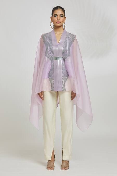 Amit Aggarwal Purple Organza Embroidery V-neck Metallic Wave Pattern Draped Cape Top Online at Aza Fashions Amit Aggarwal_Purple Organza Embroidery V-neck Metallic Wave Pattern Draped Cape Top_Online_at_Aza_Fashions