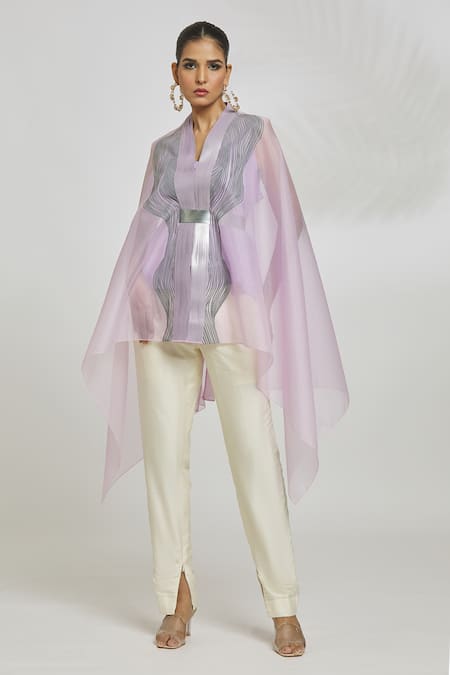 Buy Amit Aggarwal Purple Organza Embroidery V-neck Metallic Wave Pattern Draped Cape Top Online at Aza Fashions Buy_Amit Aggarwal_Purple Organza Embroidery V-neck Metallic Wave Pattern Draped Cape Top_Online_at_Aza_Fashions