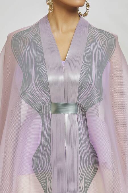 Shop Amit Aggarwal Purple Organza Embroidery V-neck Metallic Wave Pattern Draped Cape Top Online at Aza Fashions Shop_Amit Aggarwal_Purple Organza Embroidery V-neck Metallic Wave Pattern Draped Cape Top_Online_at_Aza_Fashions