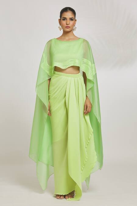 Amit Aggarwal_Green Organza Striper Boat Wave Pattern Top And Draped Skirt Set _at_Aza_Fashions