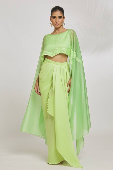 Amit Aggarwal_Green Organza Striper Boat Wave Pattern Top And Draped Skirt Set _Online_at_Aza_Fashions