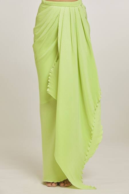 Shop_Amit Aggarwal_Green Organza Striper Boat Wave Pattern Top And Draped Skirt Set _Online_at_Aza_Fashions